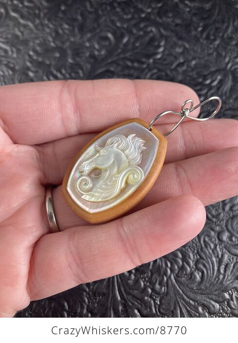 Pegasus Mother of Pearl Carved and Jasper Stone Jewelry Pendant - #ZK3NVM717r8-2