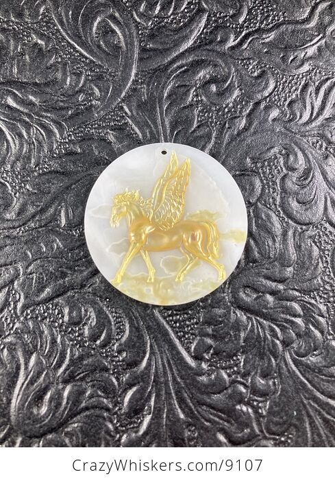 Pegasus Mother of Pearl Carved Shell Jewelry Pendant - #5oEjZcK2gqM-6