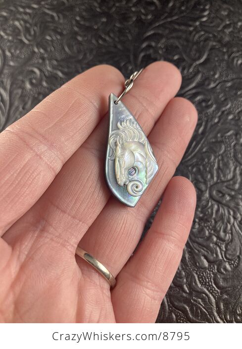 Pegasus Mother of Pearl Carved Shell Jewelry Pendant - #f3K1rtWccYc-3