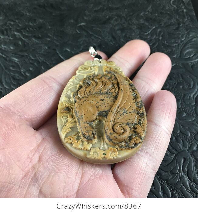 Pegasus Pendant Jewelry Carved Brown Ribbon Jasper Stone - #rsKpqhHBE2U-7