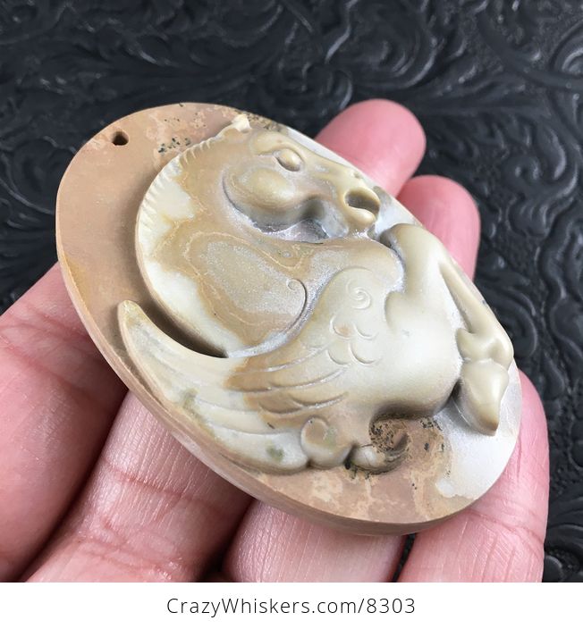 Pegasus Pendant Jewelry Carved Tan Ribbon Jasper Stone - #v6MWcdwP7wU-3
