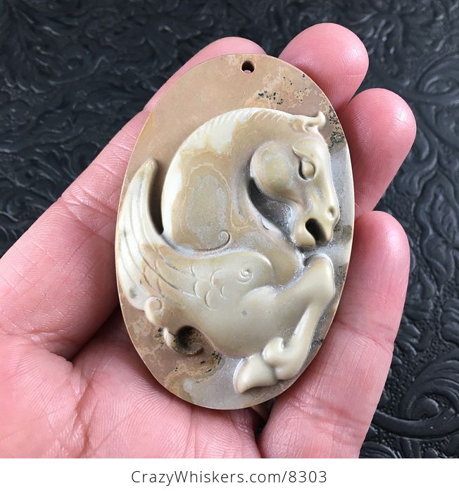 Pegasus Pendant Jewelry Carved Tan Ribbon Jasper Stone - #v6MWcdwP7wU-1