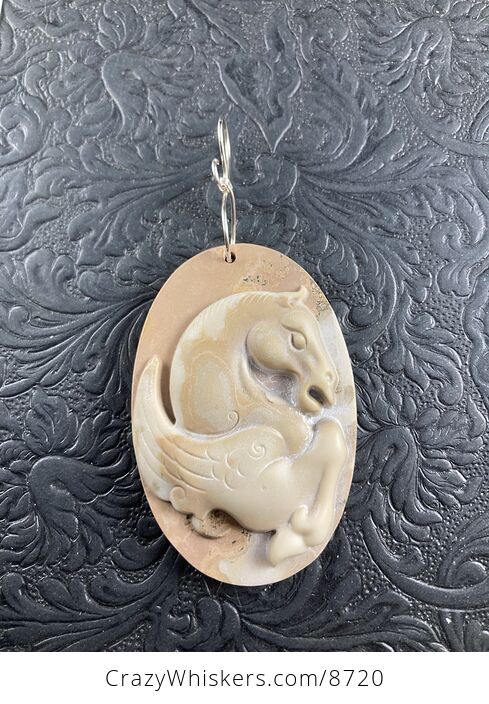 Pegasus Pendant Jewelry Carved Tan Ribbon Jasper Stone Mini Art Ornament - #yvGVEWtC2Xw-4