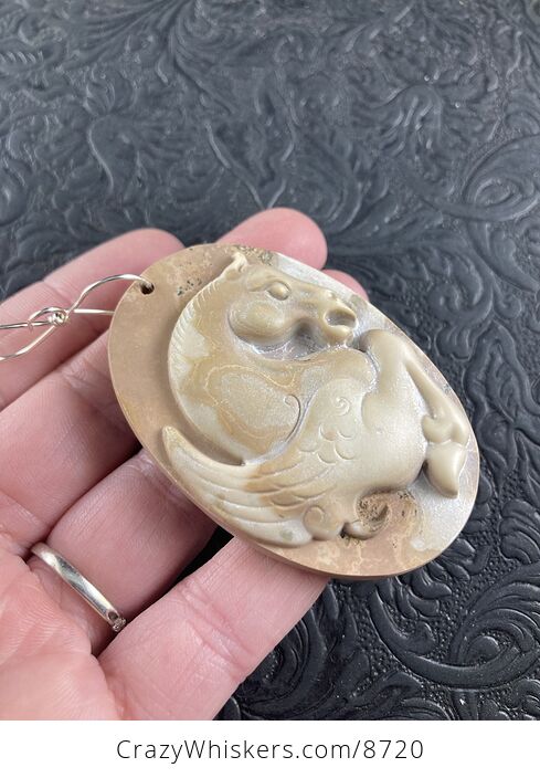 Pegasus Pendant Jewelry Carved Tan Ribbon Jasper Stone Mini Art Ornament - #yvGVEWtC2Xw-3
