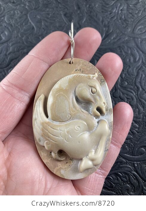 Pegasus Pendant Jewelry Carved Tan Ribbon Jasper Stone Mini Art Ornament - #yvGVEWtC2Xw-1