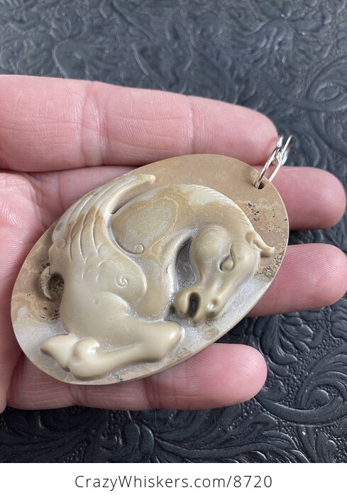 Pegasus Pendant Jewelry Carved Tan Ribbon Jasper Stone Mini Art Ornament - #yvGVEWtC2Xw-2