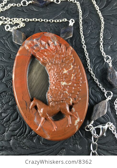 Pegasus Pendant Jewelry Necklace Carved Flame and Succor Creek Jasper Stone with Iolite - #DJ8KgJyXYXk-5