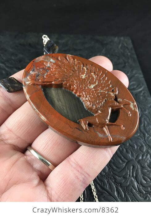 Pegasus Pendant Jewelry Necklace Carved Flame and Succor Creek Jasper Stone with Iolite - #DJ8KgJyXYXk-7
