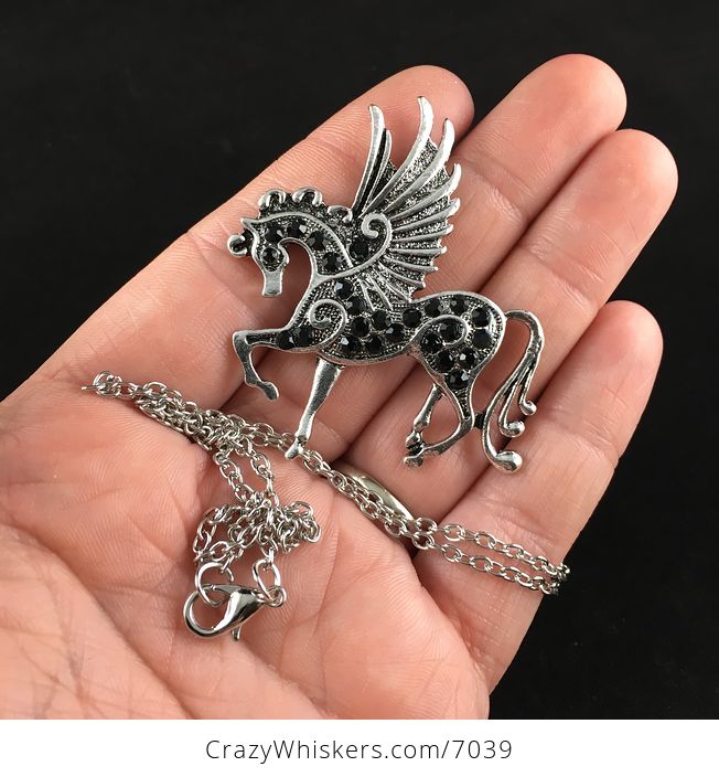 Pegasus Winged Horse and Black Rhinestone Necklace Jewelry - #gpYkx0a9x0o-2