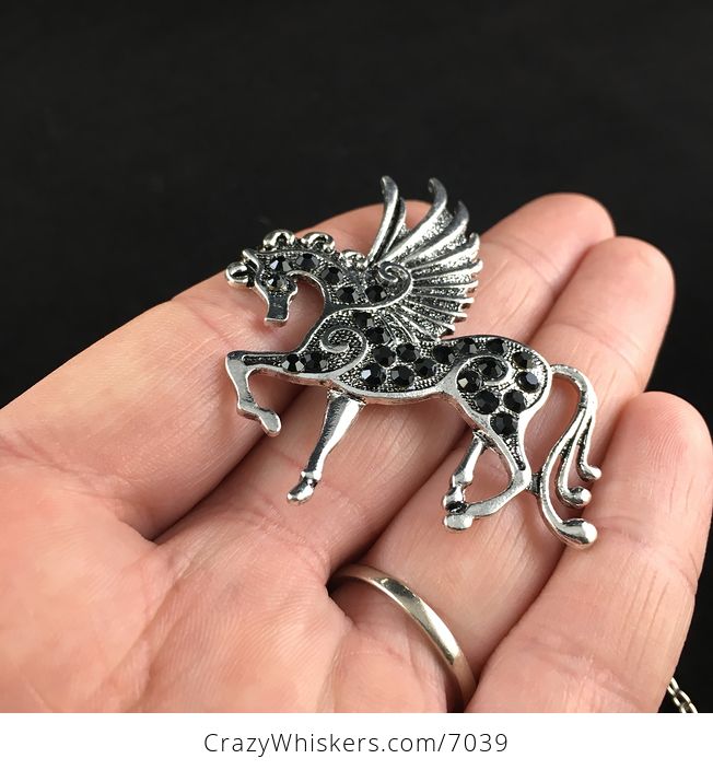 Pegasus Winged Horse and Black Rhinestone Necklace Jewelry - #gpYkx0a9x0o-3
