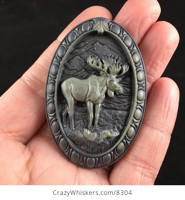 Pendant Jewelry of a Moose Carved in Ribbon Jasper Stone - #Lvvf05nYYag-1