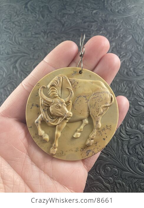 Pendant Jewelry Taurus Bull Buffalo Carved in Jasper Stone Ornament Mini Art - #KNqO8UGW0gA-6