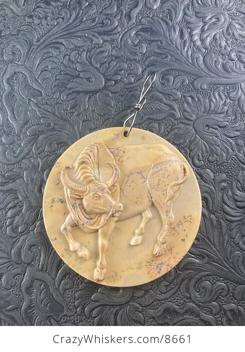 Pendant Jewelry Taurus Bull Buffalo Carved in Jasper Stone Ornament Mini Art - #KNqO8UGW0gA-1