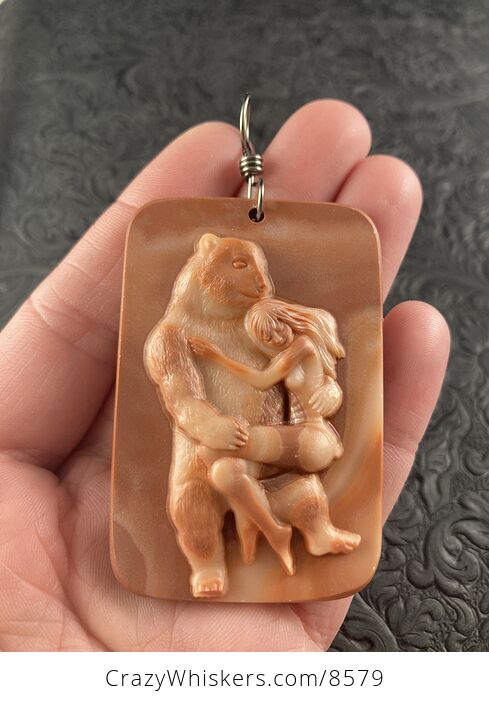 Pendant of a Beauty and the Beast Carved in Orange Jasper Stone Jewelry or Ornament Mini Art - #mQQdRXmhpIg-6