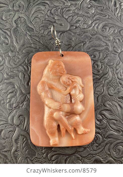 Pendant of a Beauty and the Beast Carved in Orange Jasper Stone Jewelry or Ornament Mini Art - #mQQdRXmhpIg-5