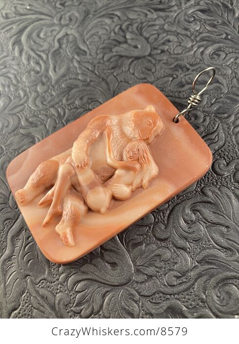 Pendant of a Beauty and the Beast Carved in Orange Jasper Stone Jewelry or Ornament Mini Art - #mQQdRXmhpIg-3