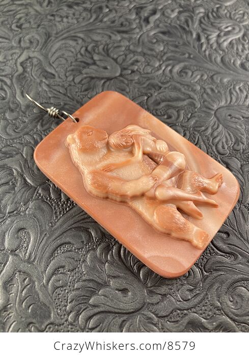 Pendant of a Beauty and the Beast Carved in Orange Jasper Stone Jewelry or Ornament Mini Art - #mQQdRXmhpIg-2