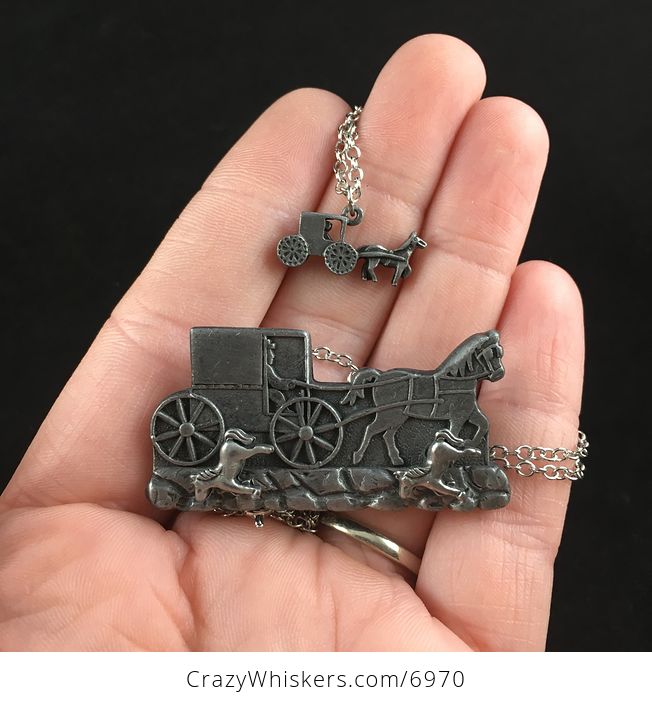 Pending Horse Carriage Earrings Brooch Necklace and Trinket Jewelry Box Set Vintage Torino Pewter - #FMYuLeIUr2M-5