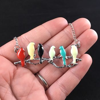 Perched Colorful Birds on a Branch Pendant Necklace Jewelry #CgkAQu8cQxE