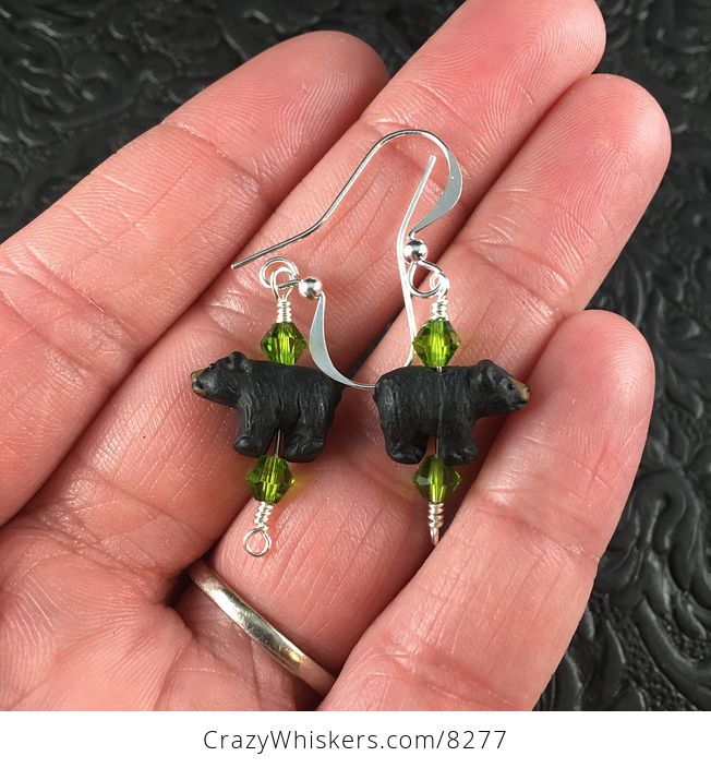 Peruvian Ceramic Black Bear and Bicone Bead Earrings with Silver Wire - #svxW9s8bCMo-1
