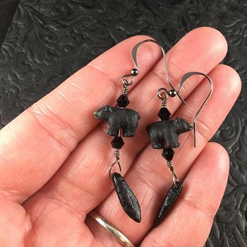 Peruvian Ceramic Black Bear with Black Bicone Bead and Etched Black Dagger Earrings with Silver Wire #TFmeLhbNDZc