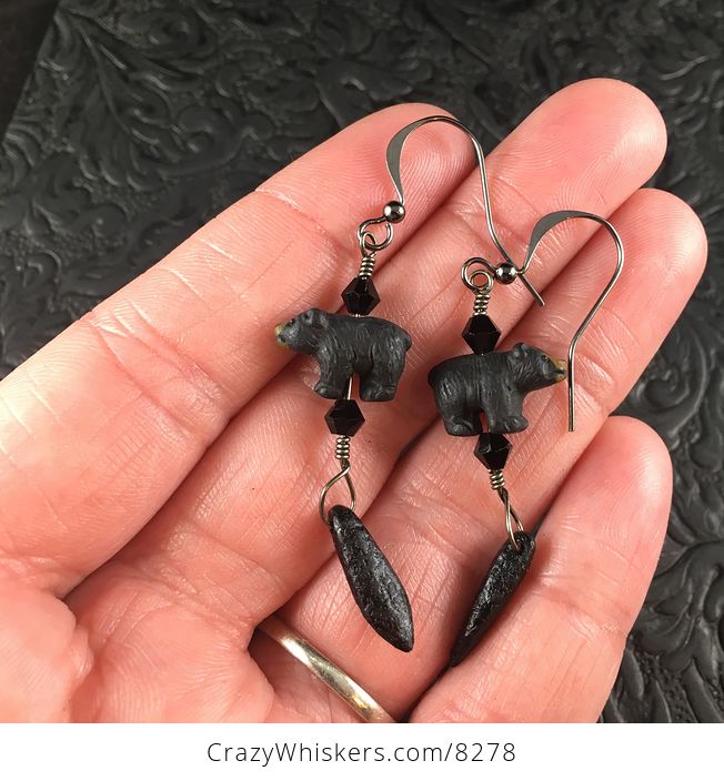 Peruvian Ceramic Black Bear with Black Bicone Bead and Etched Black Dagger Earrings with Silver Wire - #TFmeLhbNDZc-1