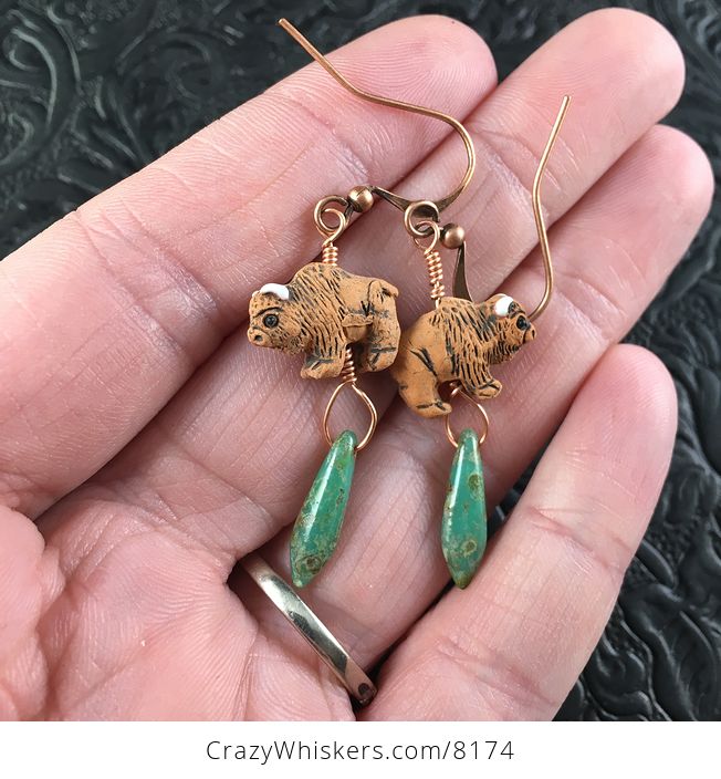 Peruvian Ceramic Buffalo and Turquoise Picasso Dagger Earrings with Copper Wire - #1b9xnfLgSCA-1