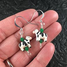 Peruvian Ceramic Dairy Cow and Bicone Bead Earrings with Silver Wire #Go8tOAGruJ8