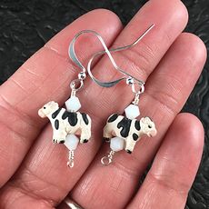 Peruvian Ceramic Dairy Cow and Bicone Bead Earrings with Silver Wire #a3izRJGPBw4