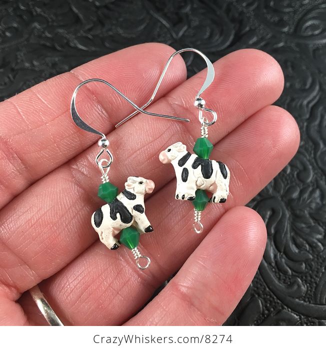 Peruvian Ceramic Dairy Cow and Bicone Bead Earrings with Silver Wire - #Go8tOAGruJ8-1