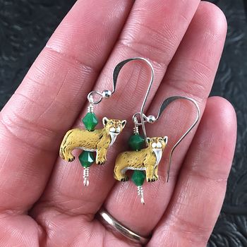 Peruvian Ceramic Mountain Lions and Green Bicone Bead Earrings with Silver Wire #YGi7iCTl0O0