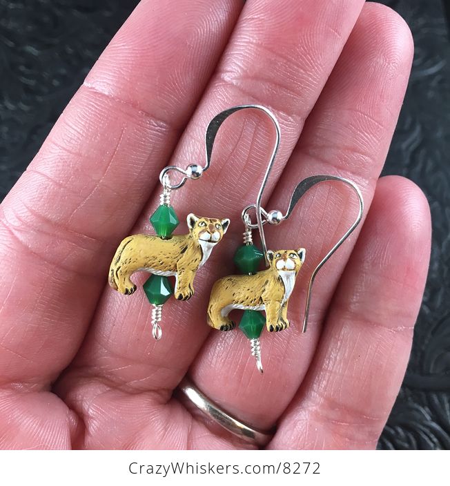 Peruvian Ceramic Mountain Lions and Green Bicone Bead Earrings with Silver Wire - #YGi7iCTl0O0-1