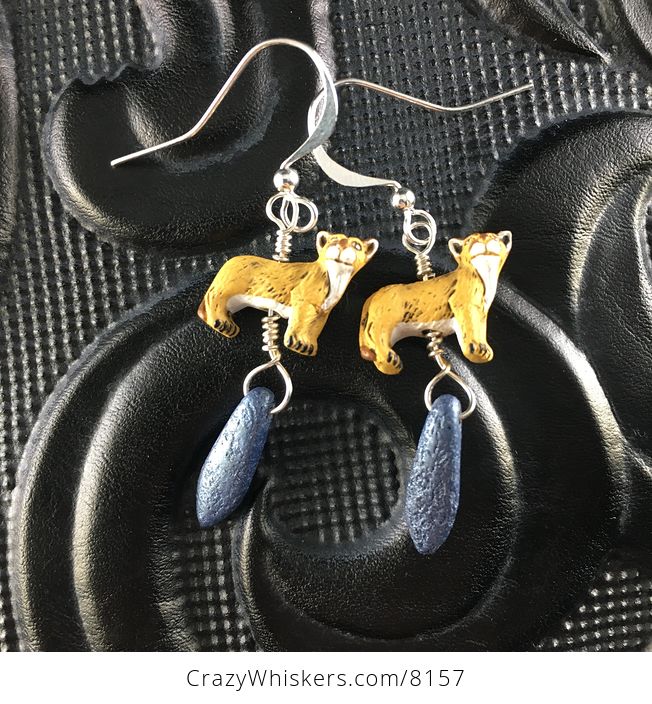Peruvian Ceramic Mountain Lions Etched Blue Dagger Earrings with Silver Wire - #rd8hbX6wgjw-1