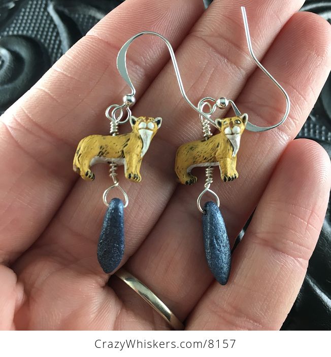 Peruvian Ceramic Mountain Lions Etched Blue Dagger Earrings with Silver Wire - #rd8hbX6wgjw-3