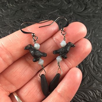 Peruvian Ceramic Ravens Gray Bicone and Matte Black Dagger Earrings with Black Wire #Amg7Lf9lciA