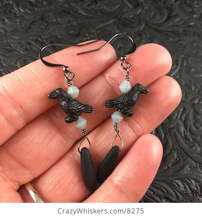 Peruvian Ceramic Ravens Gray Bicone and Matte Black Dagger Earrings with Black Wire - #Amg7Lf9lciA-1