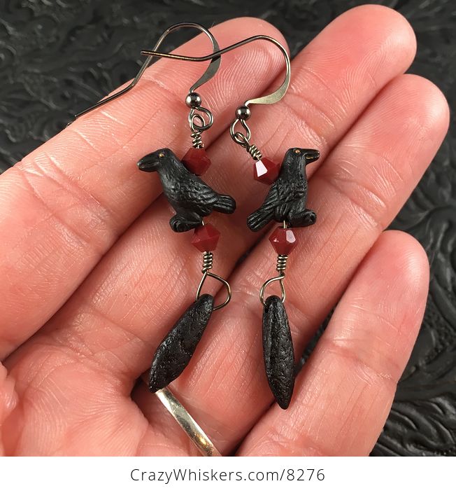 Peruvian Ceramic Ravens Red Bicone and Matte Black Dagger Earrings with Black Wire - #Ol7zo7gEk2E-1