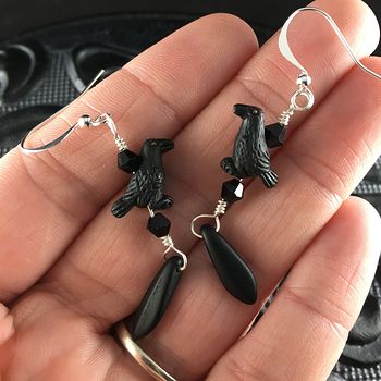 Peruvian Ceramic Ravens Sparkly Black Bicone and Matte Black Dagger Earrings with Silver Wire #3aIwA47ZqzM