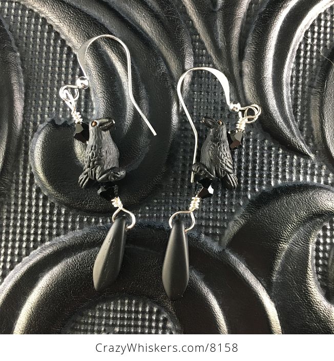 Peruvian Ceramic Ravens Sparkly Black Bicone and Matte Black Dagger Earrings with Silver Wire - #3aIwA47ZqzM-2