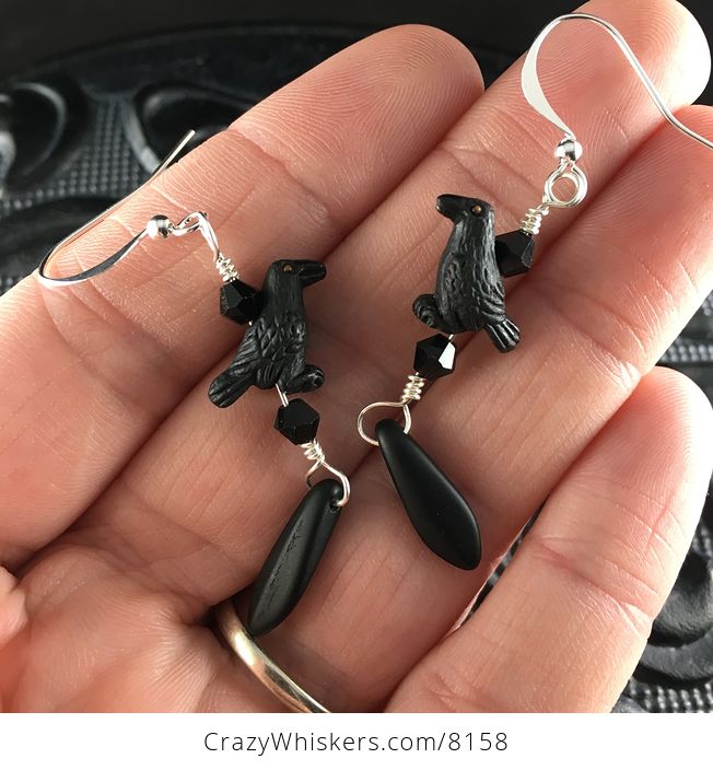 Peruvian Ceramic Ravens Sparkly Black Bicone and Matte Black Dagger Earrings with Silver Wire - #3aIwA47ZqzM-1