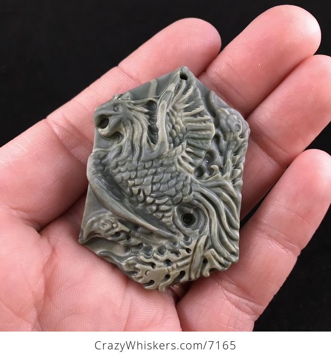 Phoenix Bird Carved Ribbon Jasper Stone Pendant Jewelry - #mqG8kB1RGvs-1