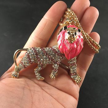 Pink Male Lion Beautiful Rhinestone and Gold Tone Pendant Necklace Jewelry #wTizblpw42M
