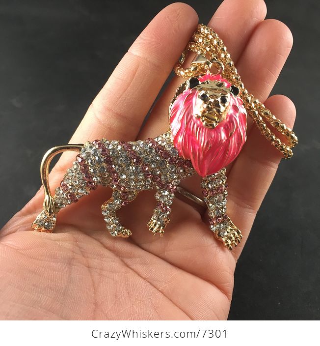Pink Male Lion Beautiful Rhinestone and Gold Tone Pendant Necklace Jewelry - #wTizblpw42M-1