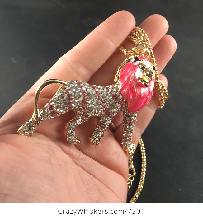 Pink Male Lion Beautiful Rhinestone and Gold Tone Pendant Necklace Jewelry - #wTizblpw42M-2