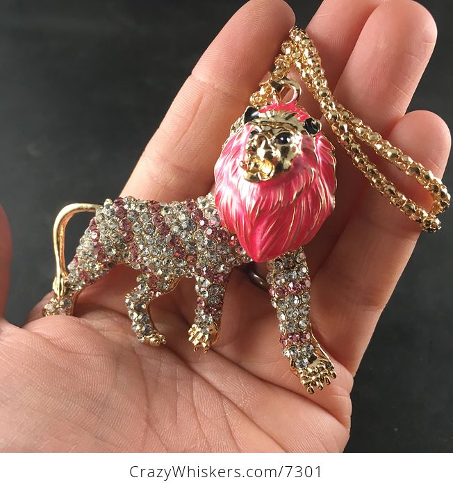 Pink Male Lion Beautiful Rhinestone and Gold Tone Pendant Necklace Jewelry - #wTizblpw42M-3