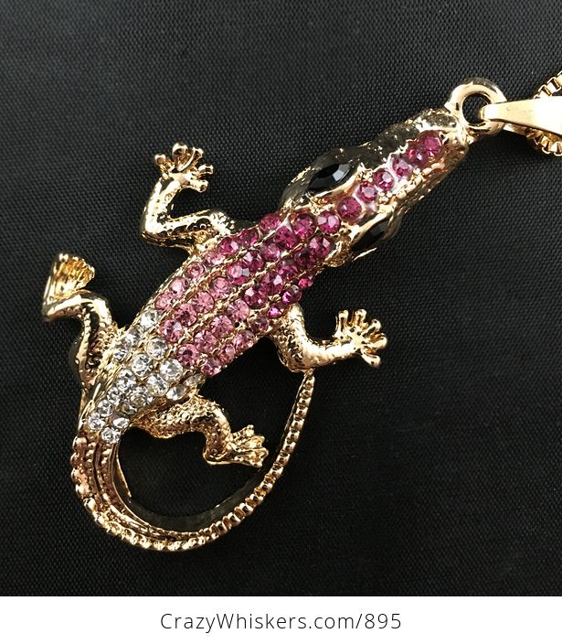 Pink Rhinestone and Gold Tone Crocodile or Alligator Pendant - #Nt6rcsdCdYI-2