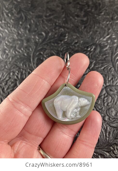 Polar Bear and Cub Carved Mother of Pearl Shell on Green Jasper Stone Pendant Jewelry Ornament Mini Art - #DblYLym24UA-2