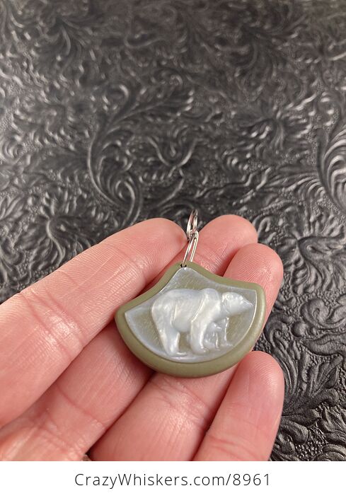 Polar Bear and Cub Carved Mother of Pearl Shell on Green Jasper Stone Pendant Jewelry Ornament Mini Art - #DblYLym24UA-3