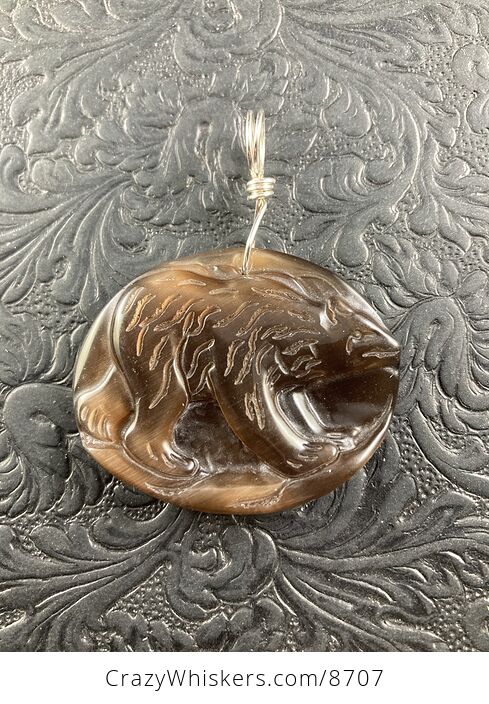 Polar Bear Carved in Brown Cats Eye Stone Pendant Jewelry Mini Art Ornament - #x5pfRplEFWU-1