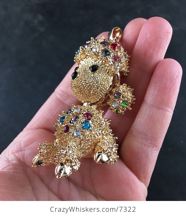 Poodle Puppy Dog Jewelry Necklace Pendant with Colorful Rhinestones on Textured Gold Tone - #CJ7usNw41Ls-3